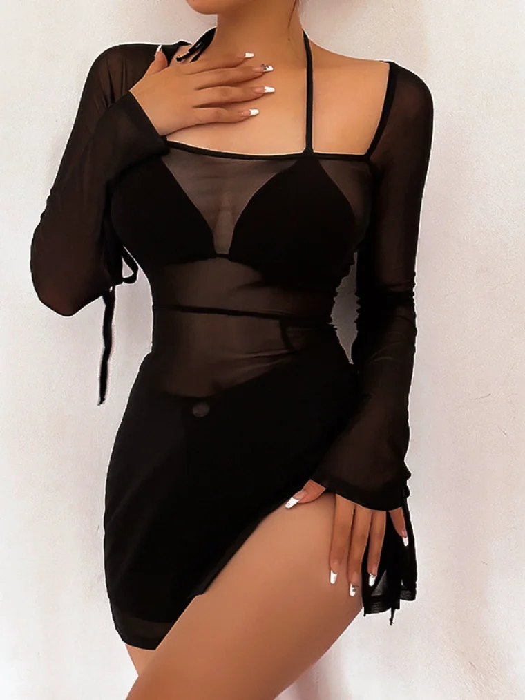 

Woman Clothes 2023 Summer Solid Black Hollow Out Long Sleeve Mesh Dresses Sexy Square Collar Slim Slit Night Club Black Dress