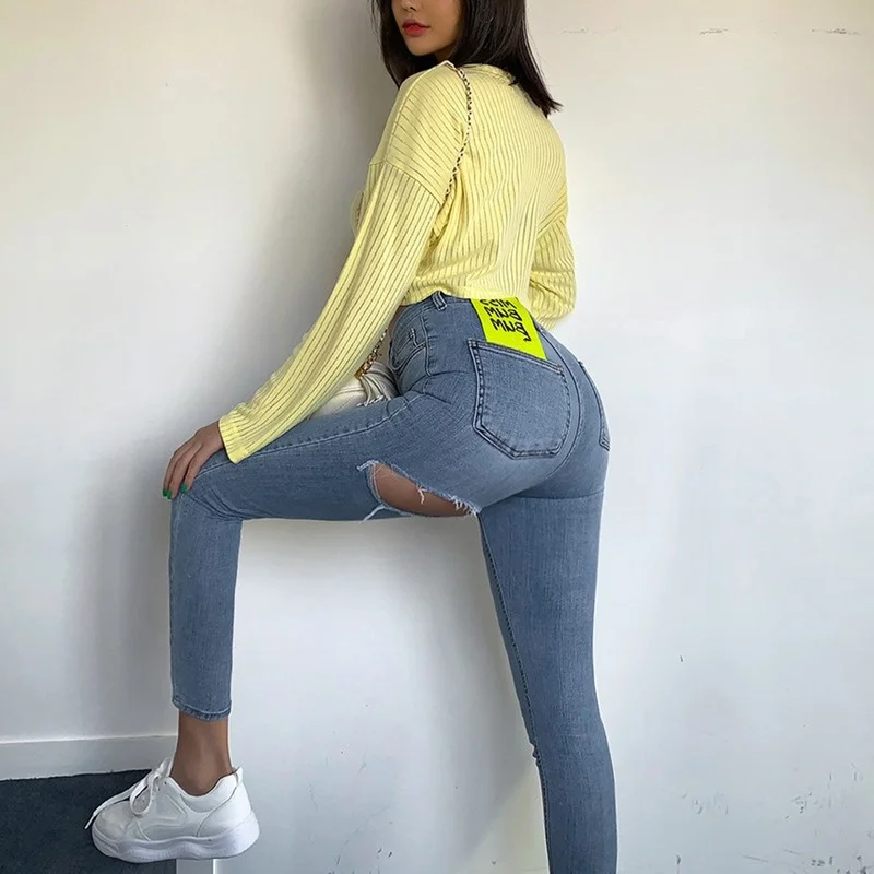 Women After The Hole Tight Jeans High Waist Denim Pants 2023 Lady Sexy Summer Bodycon Pant Casual Destroyed Hole Long Trousers