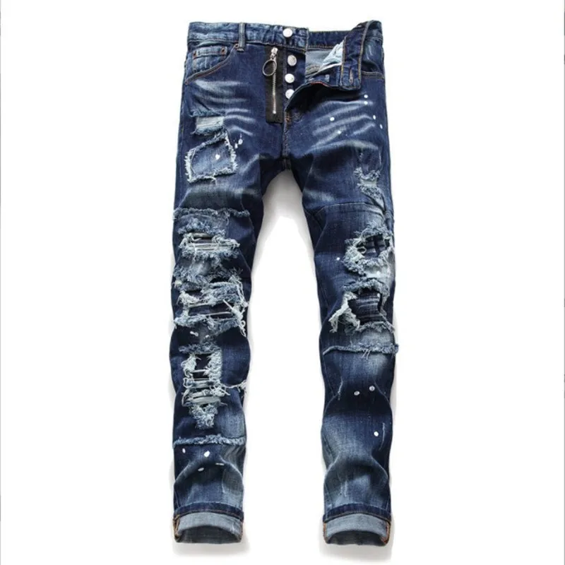 

New men's trousers jeans Slim high-end ripped zipper jeans Fashion LCON style jeans