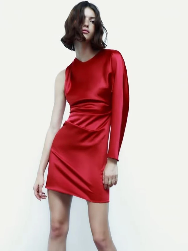 

Pphcpx Women Fashion Silk Satin Summer Dresses 2022 Solid Dissymmetry Folds Dress Ladies Sexy O-Neck Long Sleeve Dressses