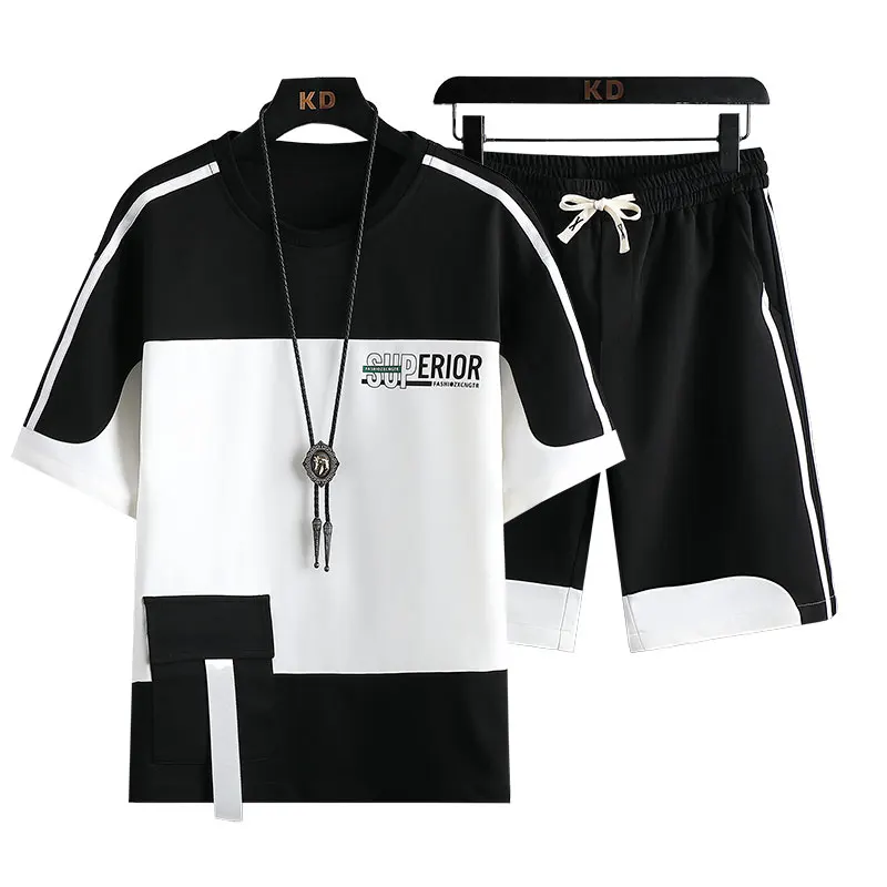 2023 New Summer Short-Sleeved T-shirt Men's Loose Stitching T-shirt Youth Thin Student Sports Shorts Suit Fashion