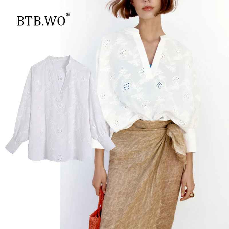 

BTB.WO Women Blouse Za New Traf Fashion Hollow Embroidery Loose Shirts Vintage Long Sleeve Female Blouses Blusas Chic Tops