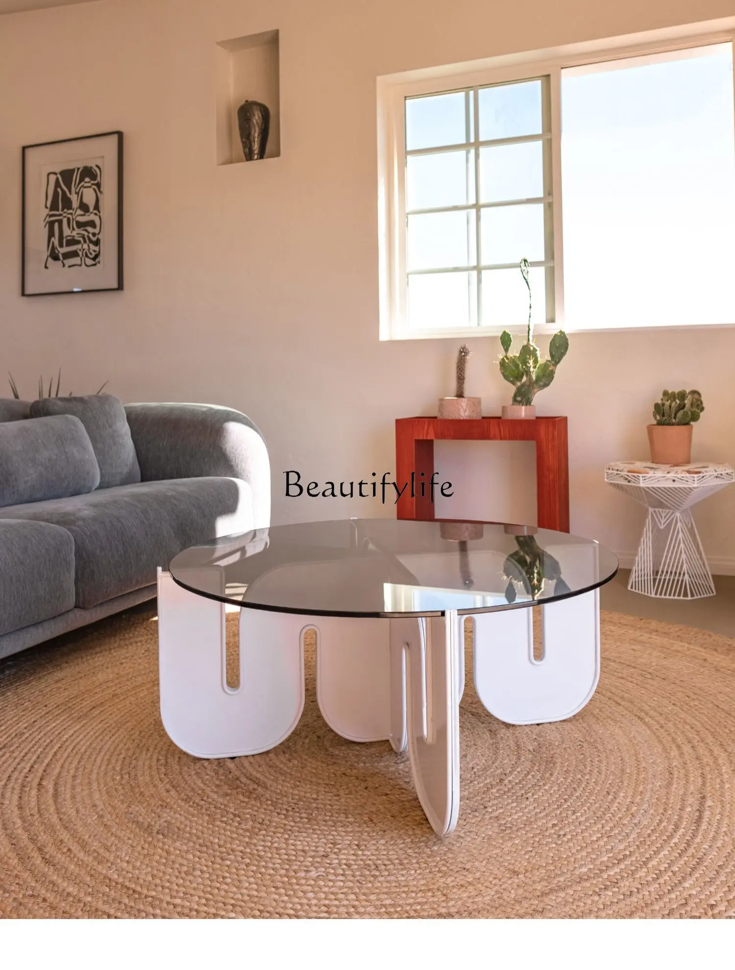 nowoczesny lekki luksusowy stolik kawowy ze szkła akrylowego okrągły przezroczysty prosty nordycki