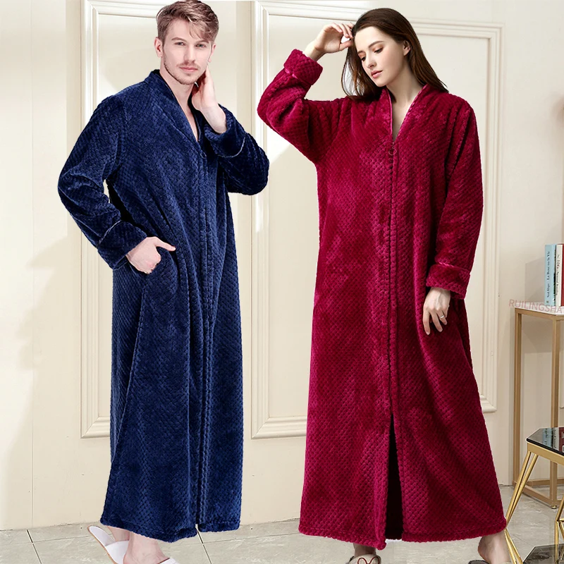 

Women Winter Extra Long Thick Warm Bath Robe Plus Size Zipper Luxury Flannel Peignoir Pregnant Bathrobe Men Coral Fleece Robes