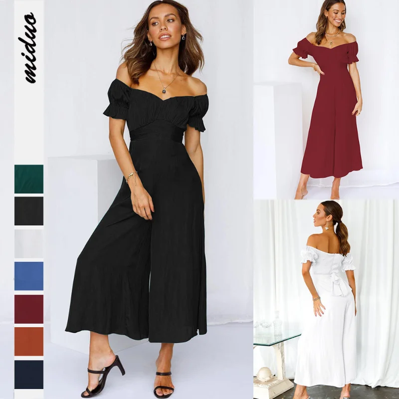 2022 Women Boho Summer Romper Casual Off Shoulder Strapless High Waisted Long Wide Leg Jumpsuit Playsuit with Romper Solid Color