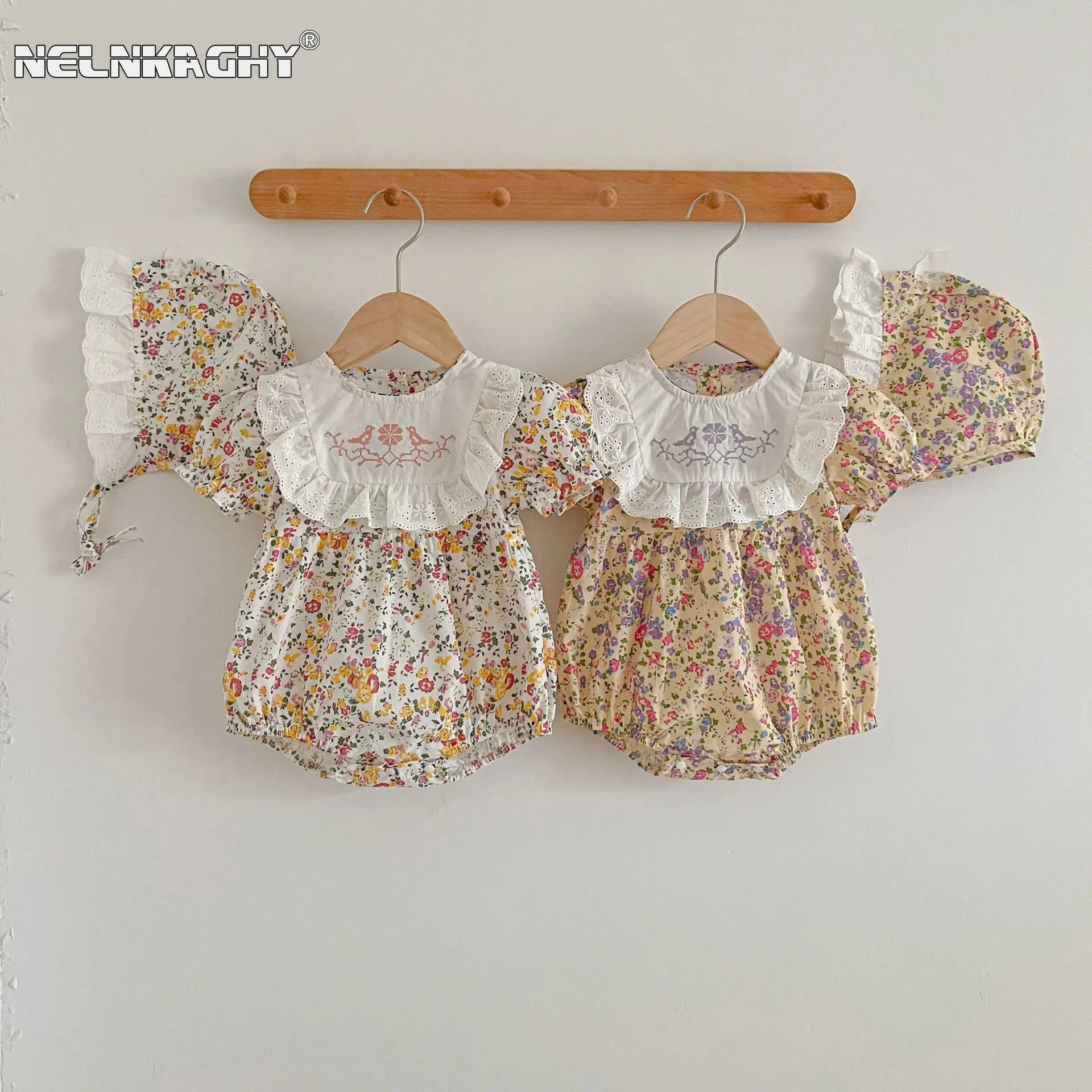 2023 Newborn Girls Summer Short Sleeve Floral Lace Embroidery Outfits Kids Infant Cotton Soft Bodysuits Jumpsuits Gift Hat