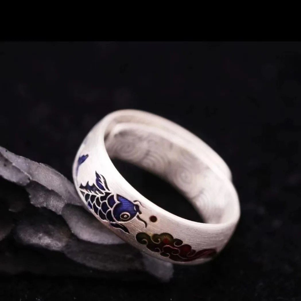 

Vintage Silver Color Enamel Flowing Fish and Auspicious Clouds Ring Men's and Women's Tide Retro Open Ancient Method Ring