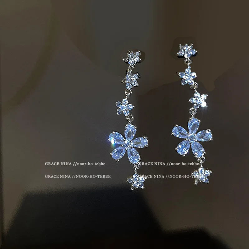 

French Delicate S925 Silver Delicate Zircon Flower Tassel Earring 2022 New Trendy Ins Net Red Earbob Female Korean Party Eardrop