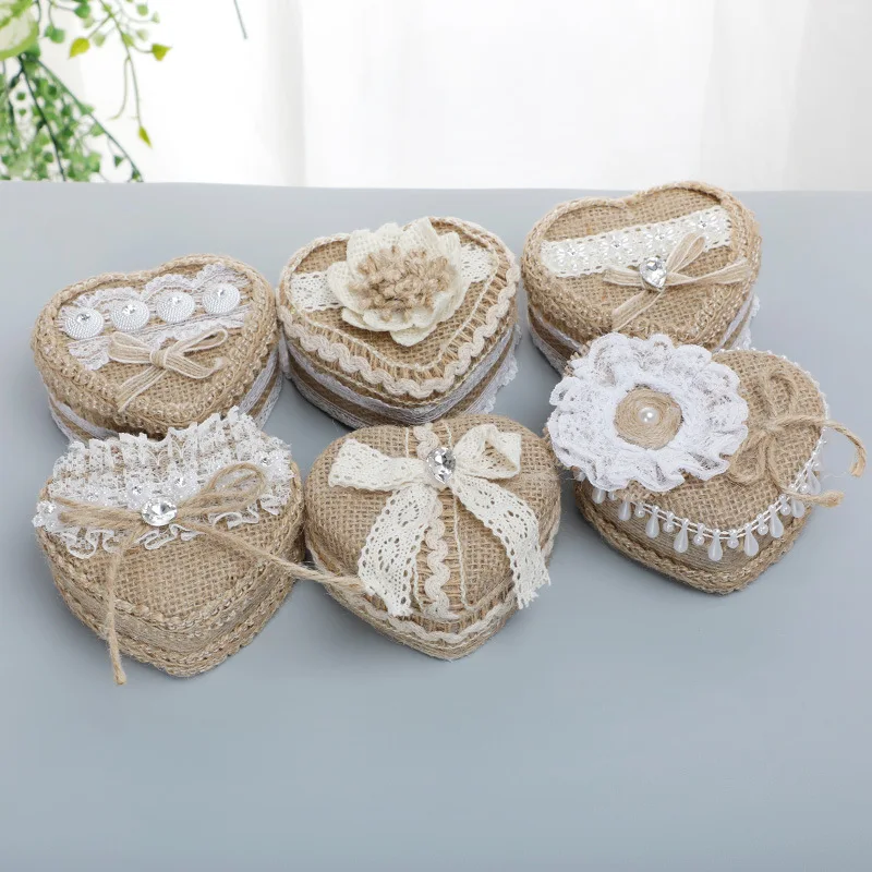 

Heart Lace Ring Box Romantic Burlap Bow Wedding Ring Storage Holder Handmade Retro Jewelry Organizer Case for Wedding Ceremony