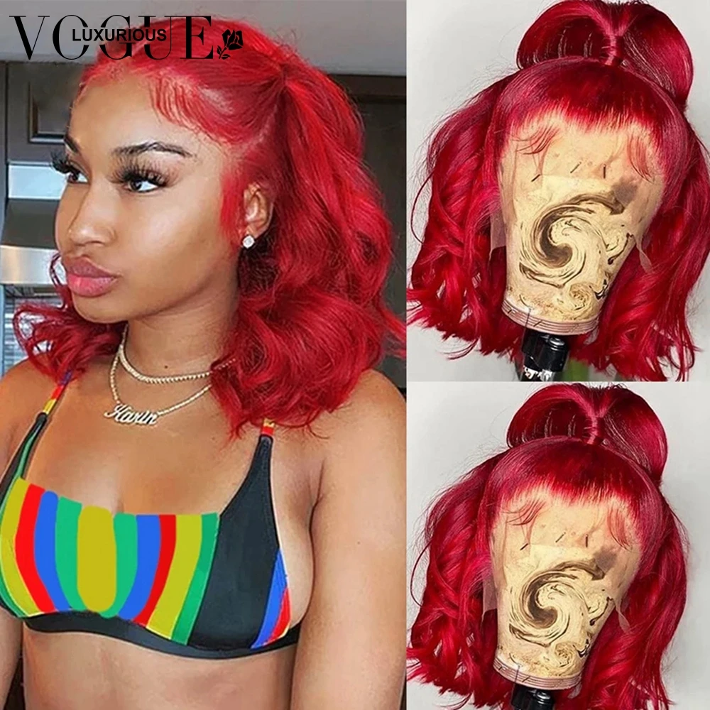 Red Bob Lace Front Wigs For Women Human Hair Colored Short Body Wave Lace Front Wig Transparent Bob Straight Lace Front Wig 180%