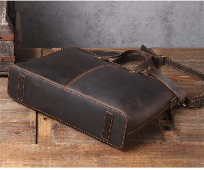 Simple vintage genuine leather men's large capacity briefcase crazy horse cowhide work handbag laptop shoulder messenger bags