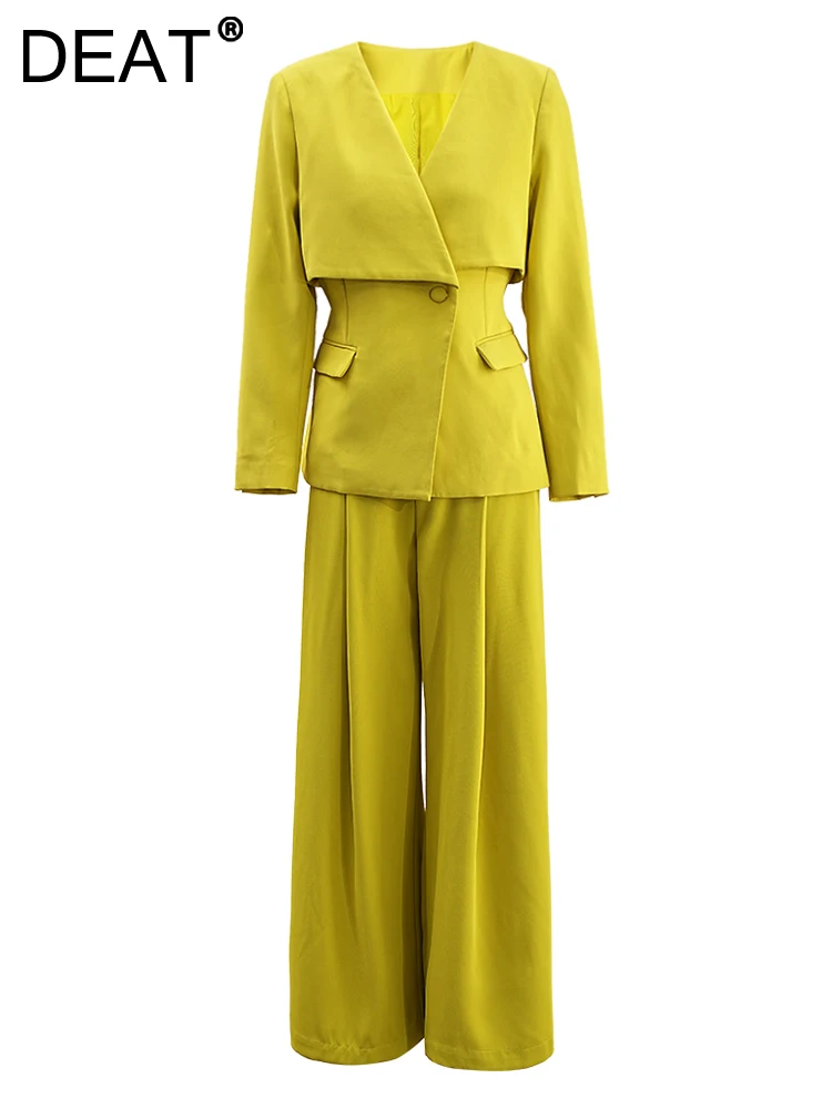 DEAT Модный женский комплект из 2 предметов с v-образным вырезом на талии лоскутный