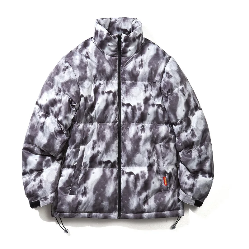 American Fashion Brand Tie-dye Stitching Stand-up Collar Winter Jacket Men  Korean Fashion Loose Warm Jacket Streetwear