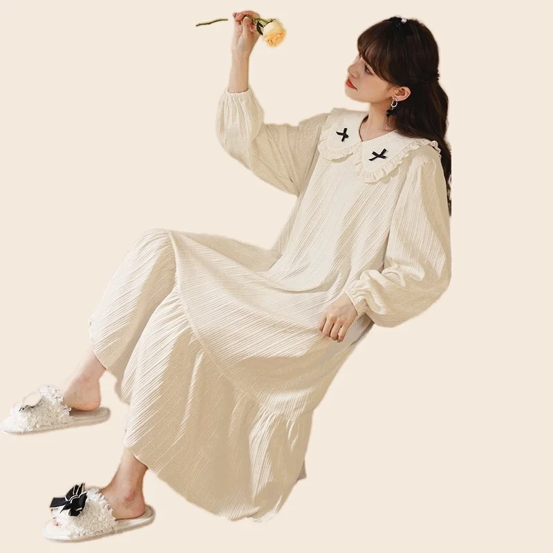 Women's Cute NightDress Women White Elastic Bow Princess Long Palace Autumn Nightdress Women's Cotton Full Sleeve Nightwear