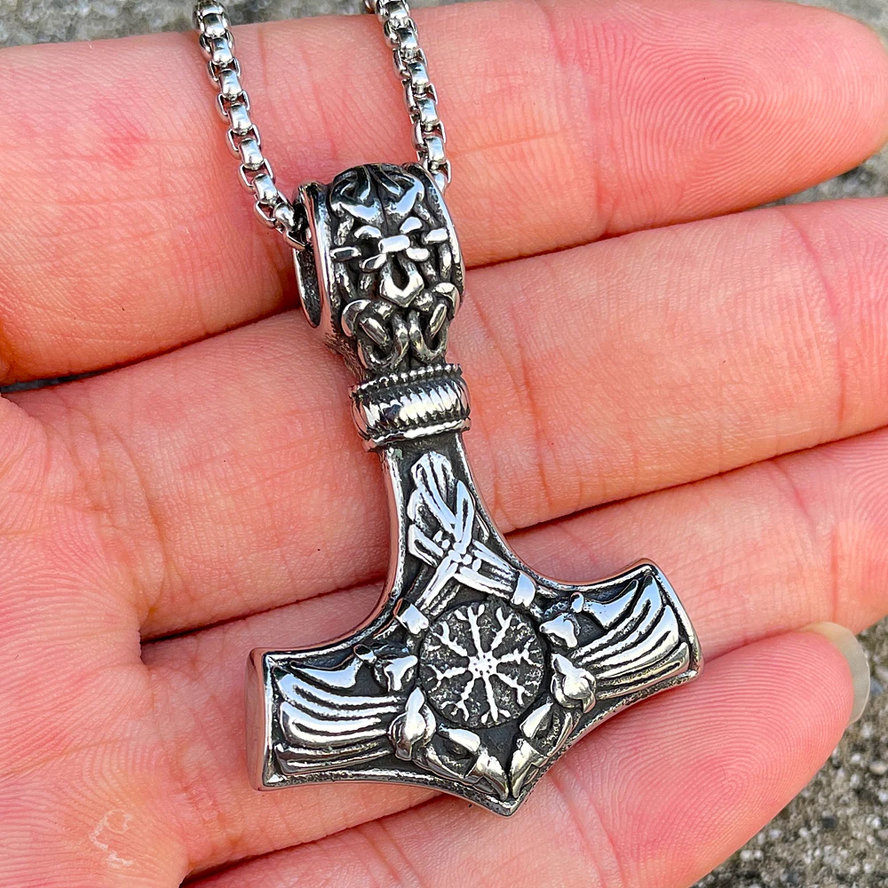 Viking Vegvisir Thor Hammer Pendant Necklace Stainless Steel Men Vintage Odin Raven Necklace Chain Amulet Jewelry Wholesale