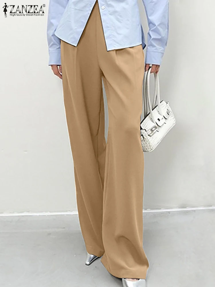 

Элегантные свободные брюки ZANZEA женские модные 2022 однотонные брюки с широкими штанинами осенние длинные брюки с высокой талией плиссирован...