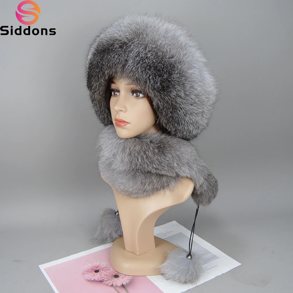 Women's Winter Hat With Real Natural Fox Fur Surround Extra length Can Be Used As A Scarf With Hanging Chain In The Back Caps