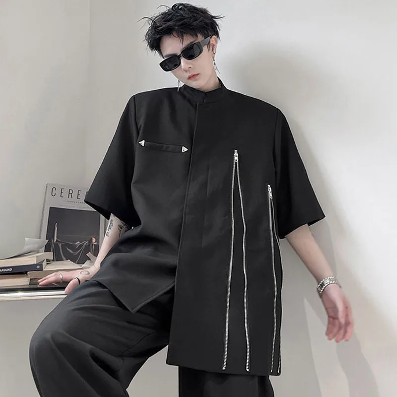 

Трендовый мужской костюм в японском стиле, свободная и простая летняя куртка большого размера с украшением на молнии, коротким рукавом и ло...