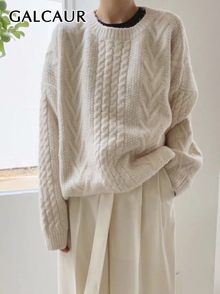 

GALCAUR Solid Knitting Sweater For Women Round Neck Long Sleeve Temperament Loose Pullover Female 2022 Autumn Clothing Style New
