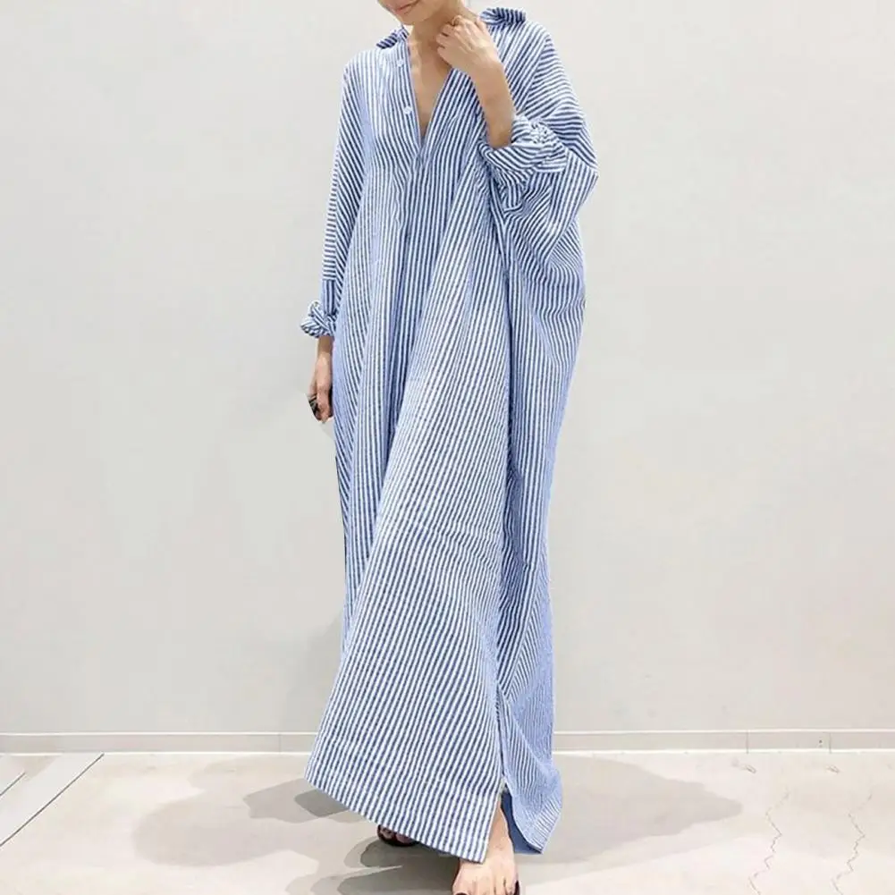 

Long Sleeve Patchwork Cardigan Dress Turndown Collar Loose-fitting Long Dress Elegant Striped Single Breasted Shirt Dress