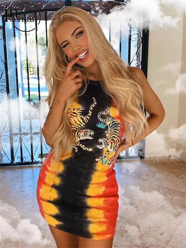 

Женское облегающее платье миди с принтом тигра, без рукавов, с круглым вырезом