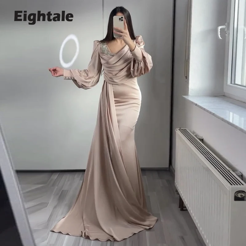 Eightale Champagne Evening Dress for Wedding Party V-Neck Arabic Long Puffy Sleeves Prom Gown Mermaid vestidos de noche