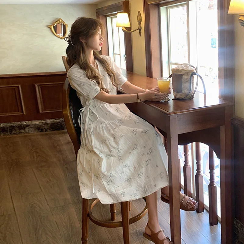 

Maternity Summer V-neck Holiday Floral Dress Drawstring Waist Pregnant Woman Cotton Linen Beach Dress Sweet Pregnancy Clothes