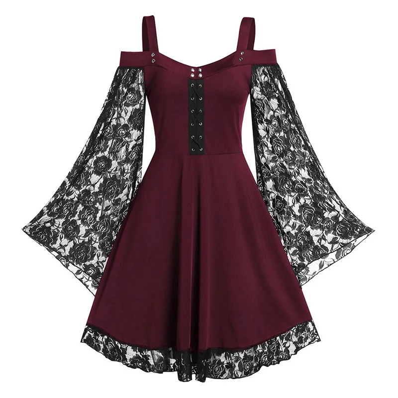 

New Goth Dark Aesthetic Vintage Women Autumn Dresses Grunge Lace Patchwork Flare Sleeve Black A-Line Dress Punk Partywear