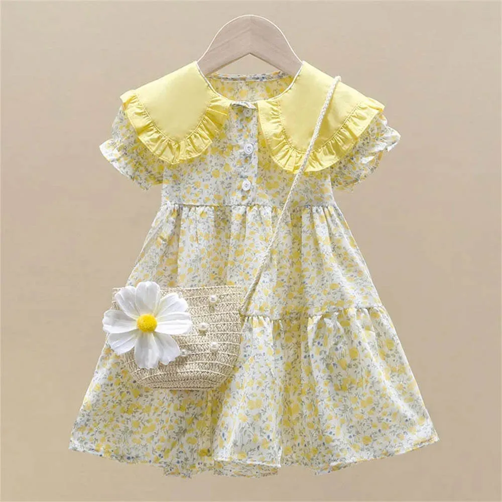 

Kids Girls Dresses Summer 2022 New Casual Doll Collar Floral Puff Sleeve Dresses and Cute Diagonal Fashion Little Flower Bags
