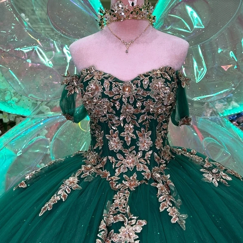 Черновато-зеленое милое платье Quinceanera бальное принцессы с золотыми аппликациями