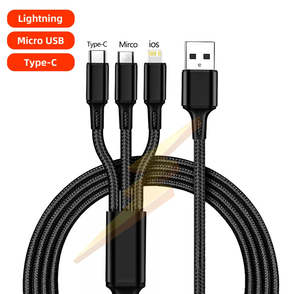 

3 In 1 Fast Charging Cord For iPhone Huawei Micro Samsung USB Type C Charger Cable Multi Usb Port Multiple Charge Cord For iPad