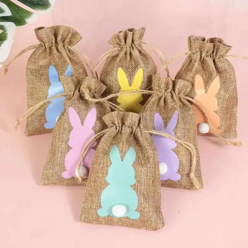 

Linen Packaging Bag Drawstring Pocket Bunny Candy Cookie Packing Bags Easter Sack Gift Burlap Candy Bags Wholesale Linen