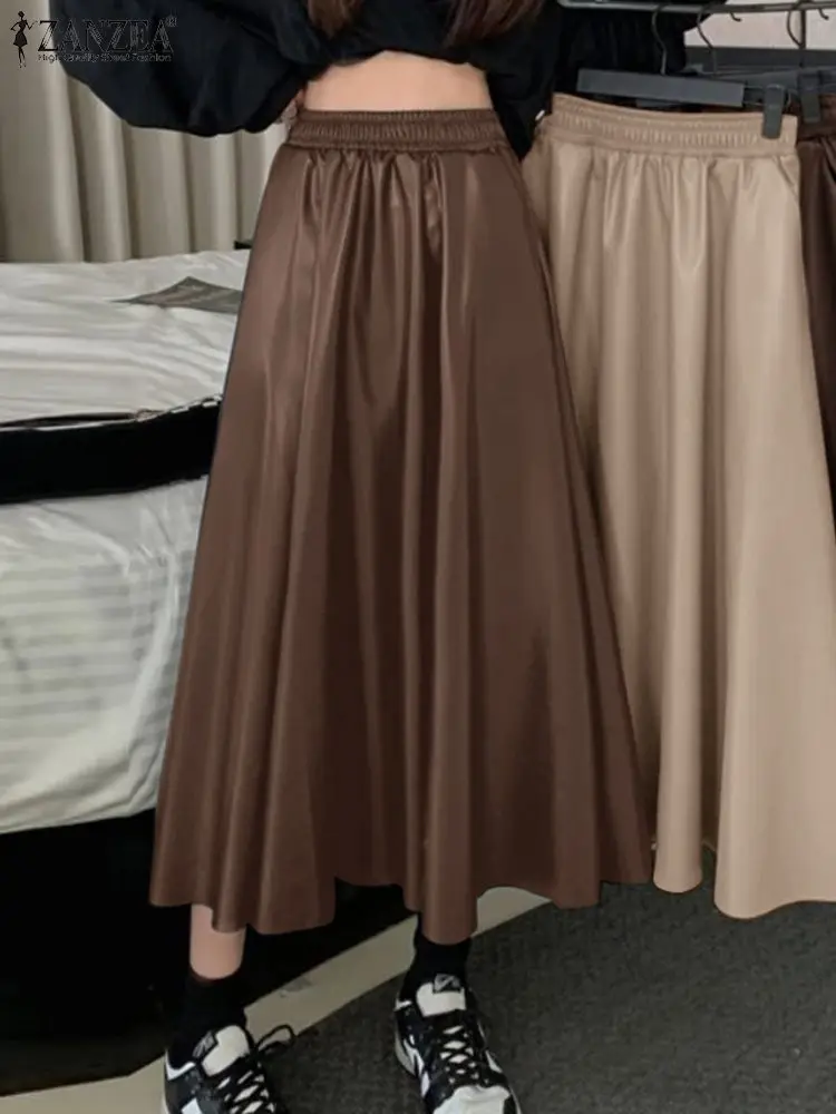 

Korean High Waist Midi Skirt ZANZEA Fashion Women PU Leather Skirts 2022 Autumn Elegant Pleated Faux Leather Long Jupes Femme