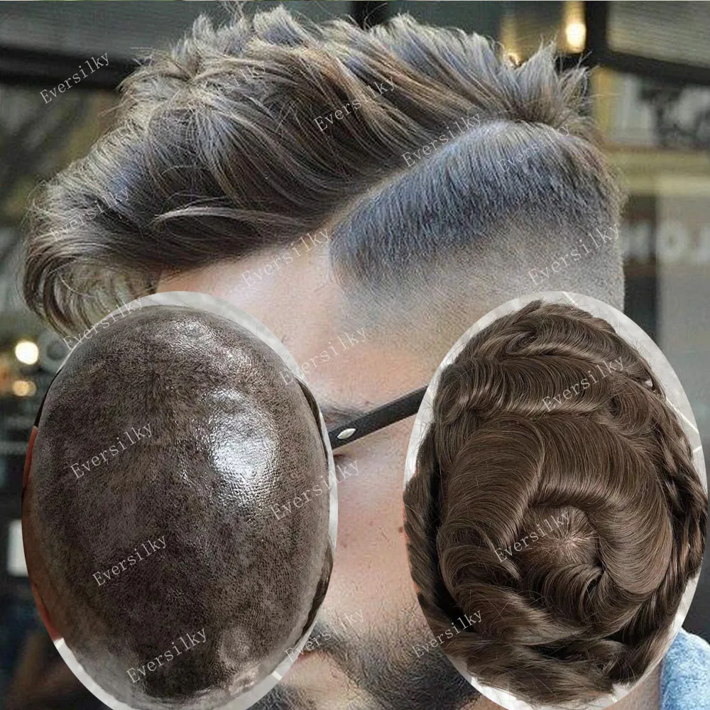 Natural Hairline Men's Toupee Super Durable Thin Skin Base Human Hair Replacement System Wave Unit Hairpiece Microskin in Stock