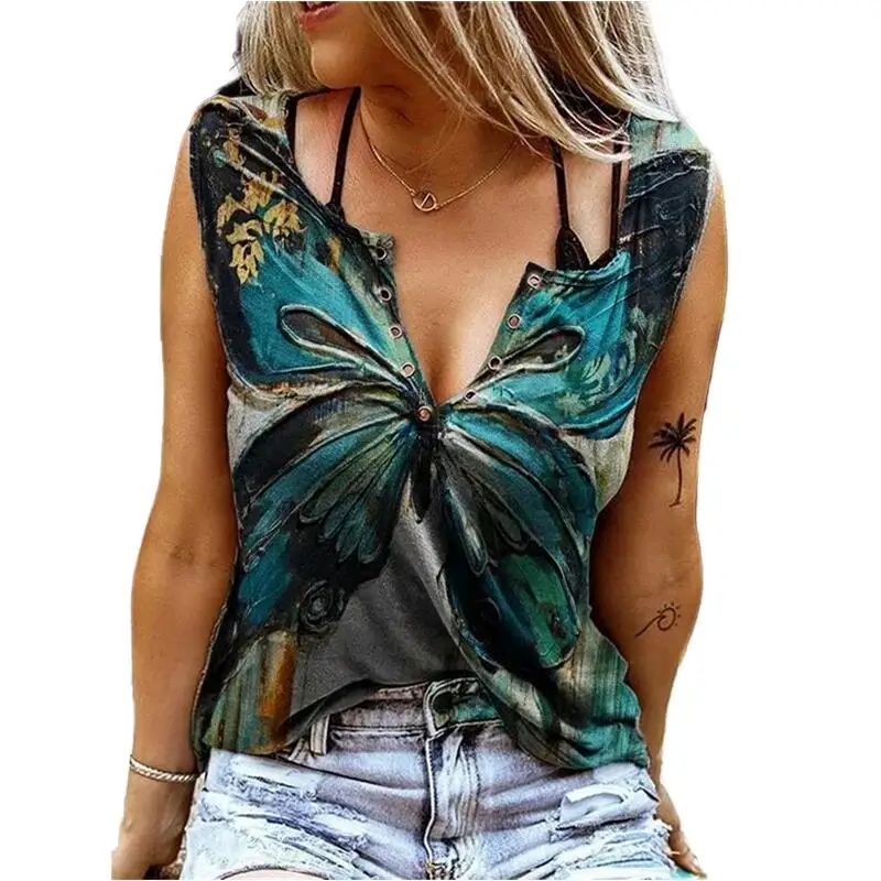 

SizeFashion Summer Vest Top Women V-Neck Sleeveless Printing Pullover Sexy CasualVest Loose Butterfly Print Tank Tops Plus