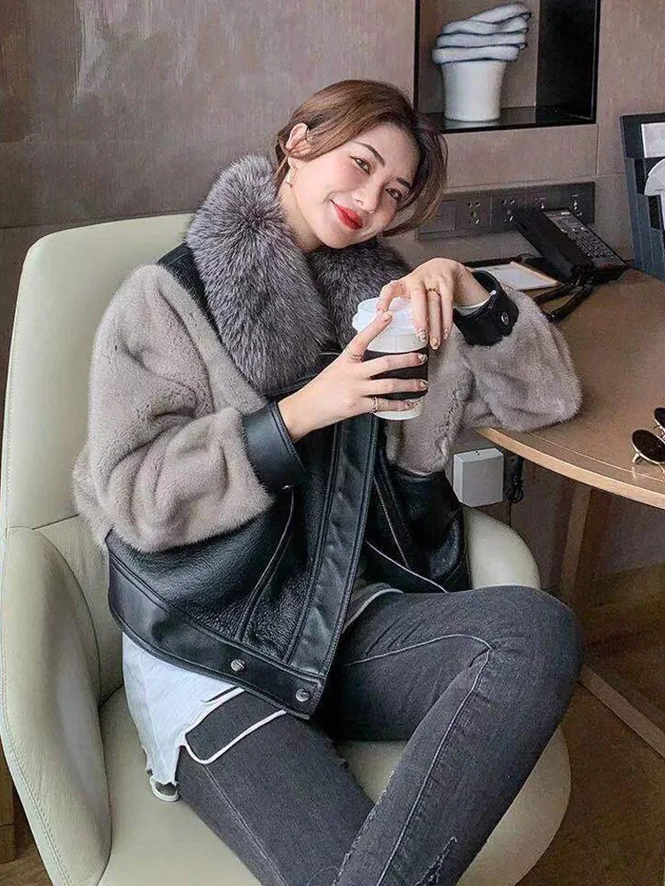 2022 New Natural Mink Fur Coats Fashion Genuine Leather Jackets Female For Women With Real Fox fur Warm Winter Short
