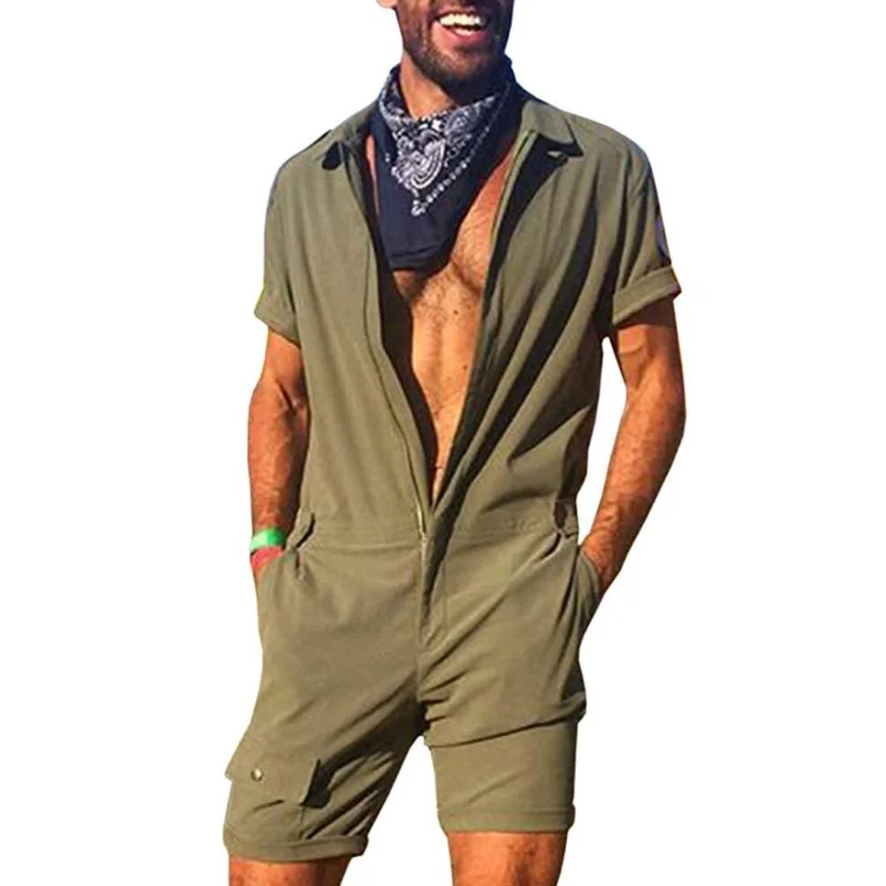 Breathable Summer And Autumn Men'S Jumpsuit Men'S Solid Color Lapel Short-Sleeved Overalls Shorts Casual Pocket Jumpsuit