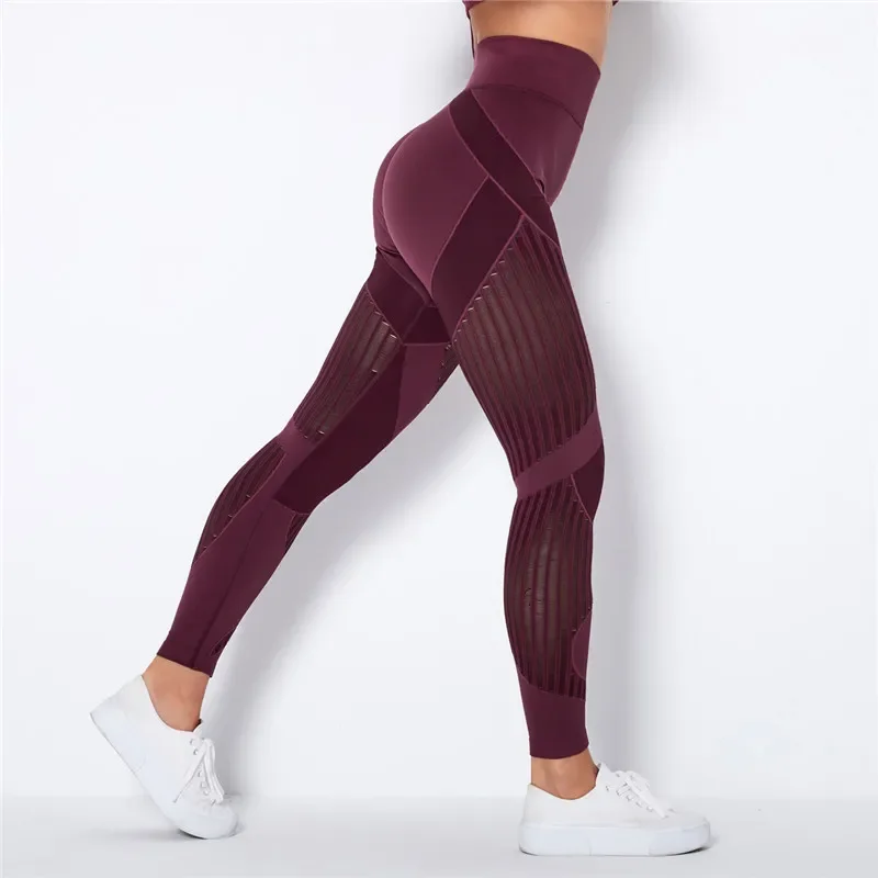 

20%Spandex Hollow Mesh Leggings Women Seamless Knitted Leggings High Waist Stripe Pants Push Up Fitness Leggins