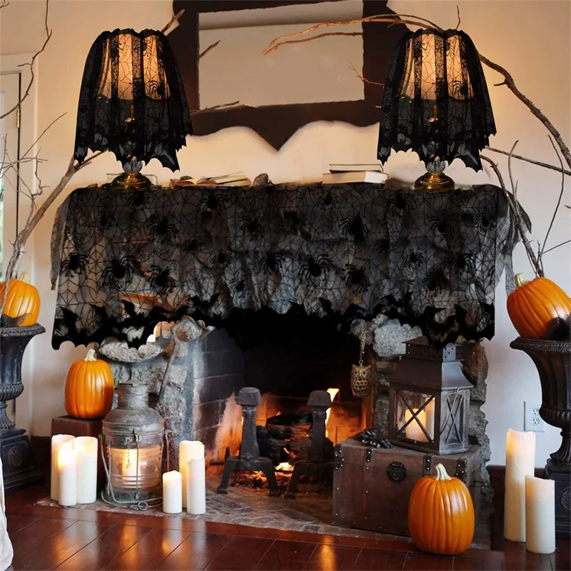 Halloween Home Decoration Set Spider Web Tablecloth Black Lampshade Bat Fireplace Towel Holiday Horror Props |