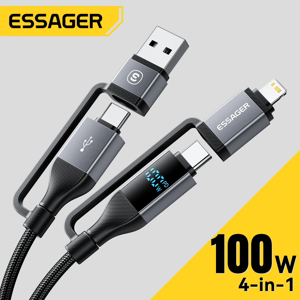 Essager 4 в 1 100 Вт кабель USB C цифровой дисплей быстрая зарядка для iPhone 16 15 14 Pro Max MacBook iPad
