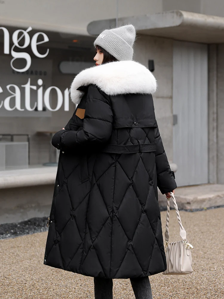 MEILLY DOLPHIN New Cotton Padded Quilted Women Winter Coat Clothes Big Fur Collar Snow Parkas Long Warm Puffer Jacket With Belt