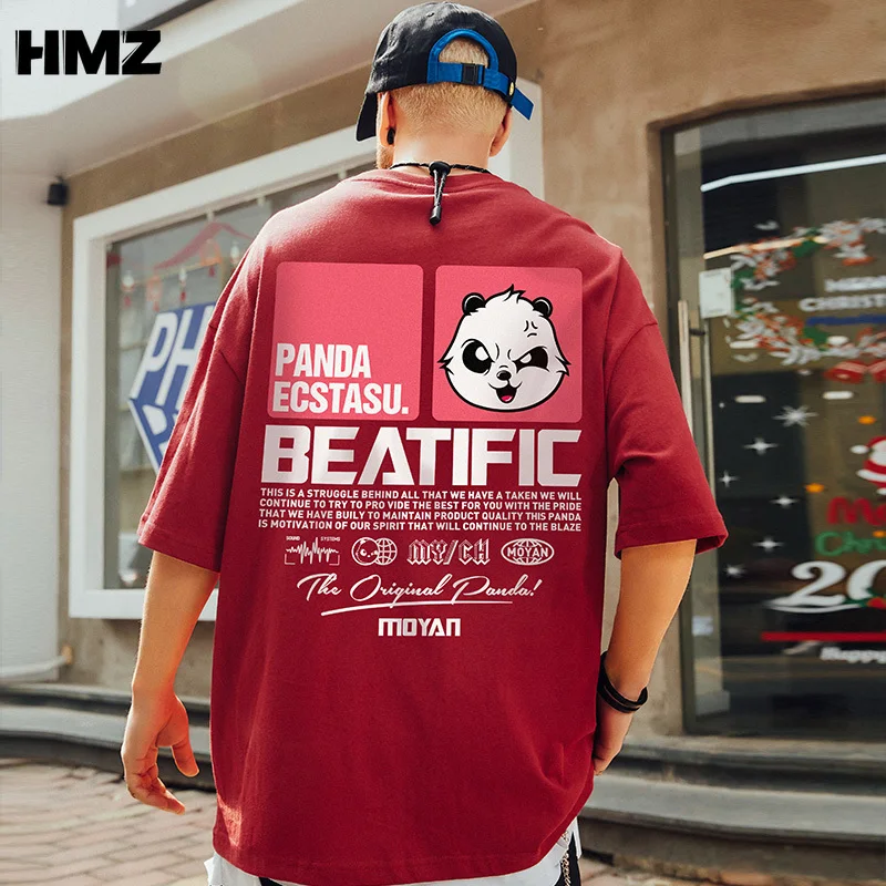 

Футболка HMZ мужская с принтом панды, модная повседневная Свободная рубашка в китайском стиле, топ в стиле Харадзюку, с коротким рукавом, в ст...