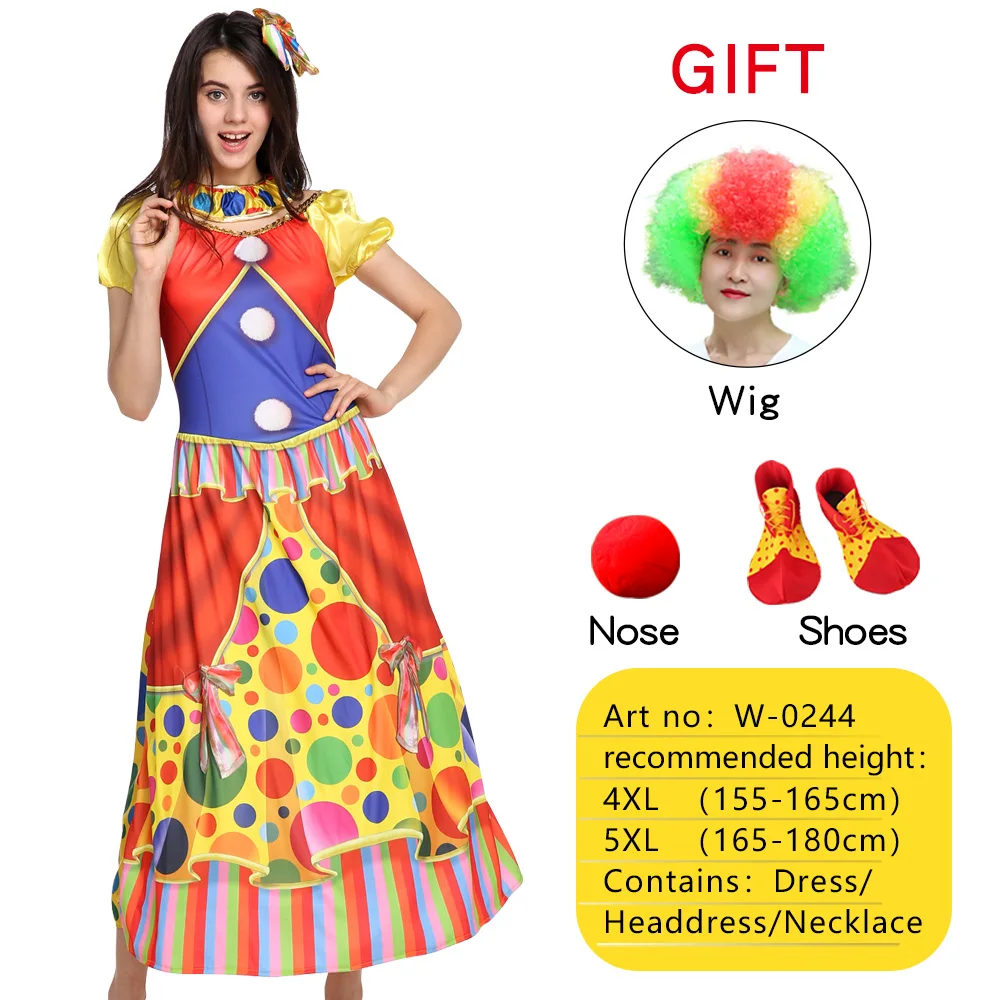 

Halloween Female Funny Circus Clown Cosplay Costumes Attached Wig Nose Shoes For women Fancy Dress In Christmas Carnival Party