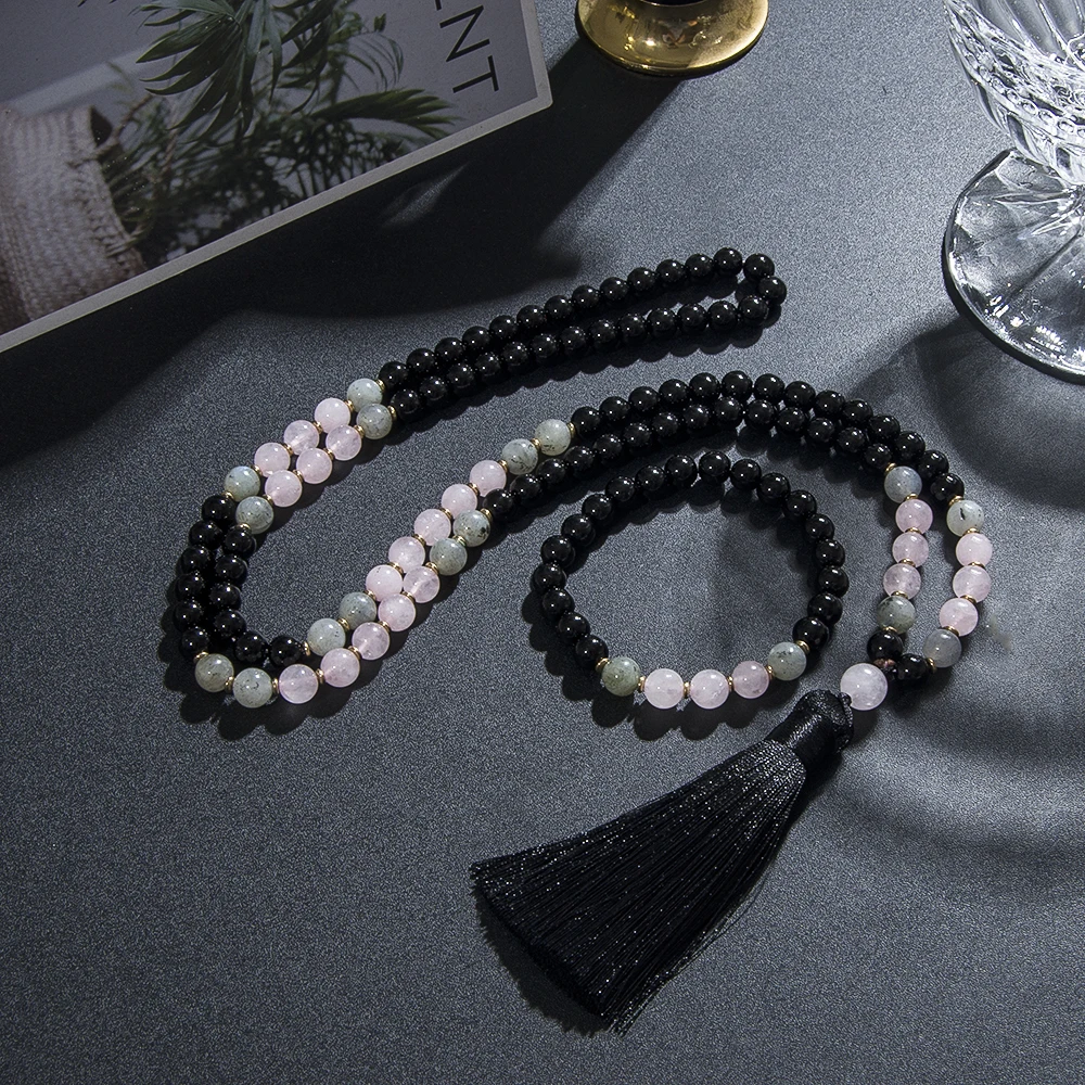 

8mm Black Onyx Rose Quartz Labradorite Beaded 108 Japamala Necklace Meditation Yoga Prayer Men Women Mala Rosary Jewelry