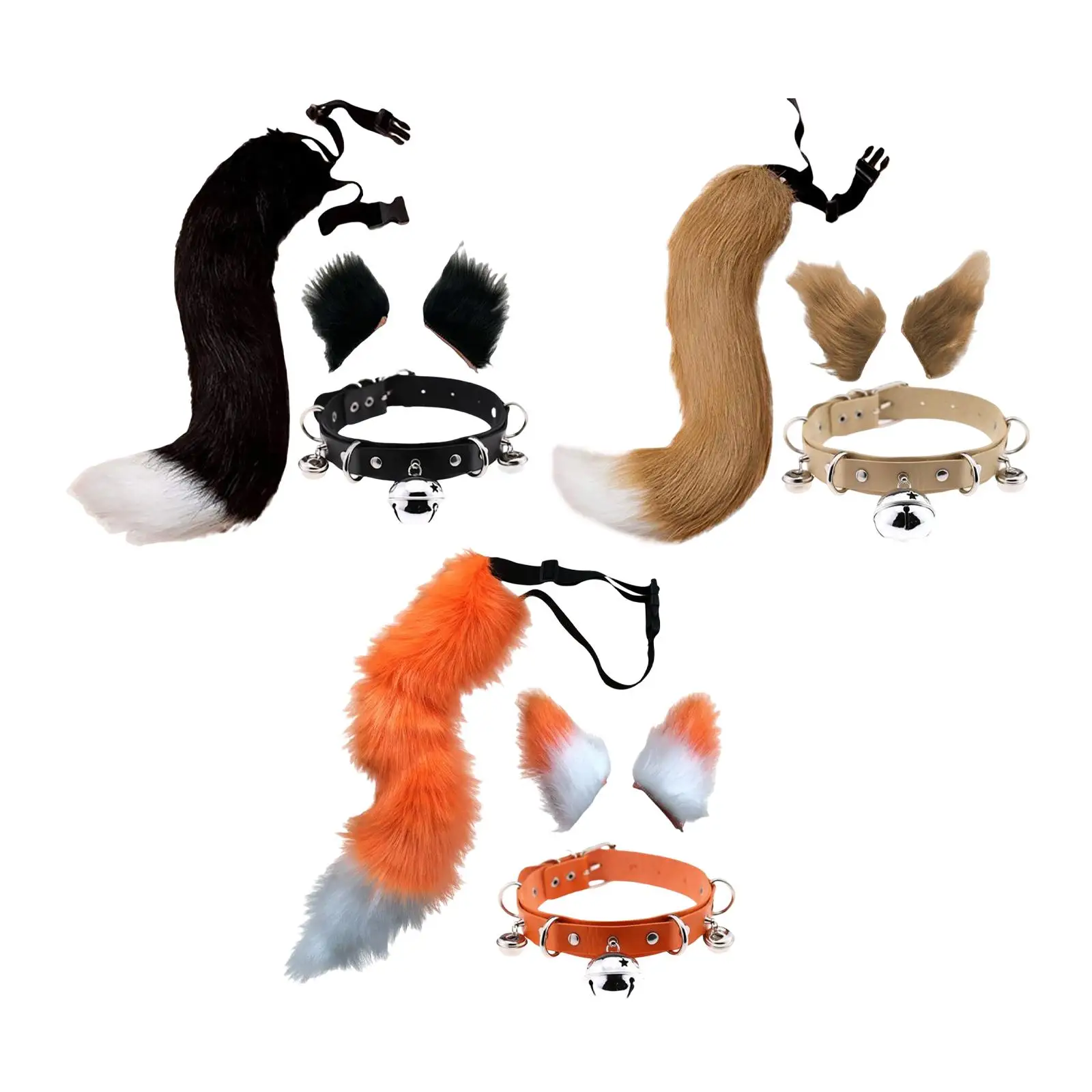 

4Pcs Animal Fox Ears and Tail Set Faux Fur Long Tails Leather Choker Set Anime Cosplay Costume Kits Party Christmas