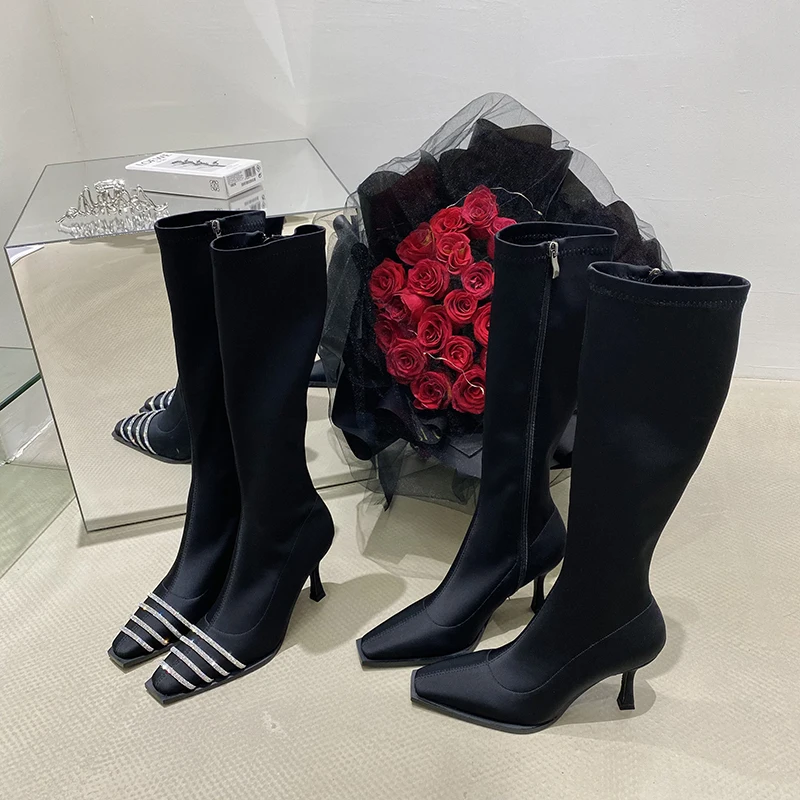 

Ladies Women Knee Boots Square Toe Rhinestone Chain Stretch Shoes Thin High Heels Side Zipper Women Lycle Cloth Black Sock Boots