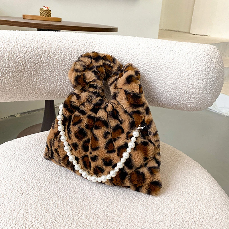 

Women Handbag Soft Plush Leopard Fashion Lady Decorative Pearl Shoulder Bag Female Winter Large Capacity Travel Shopping Tote