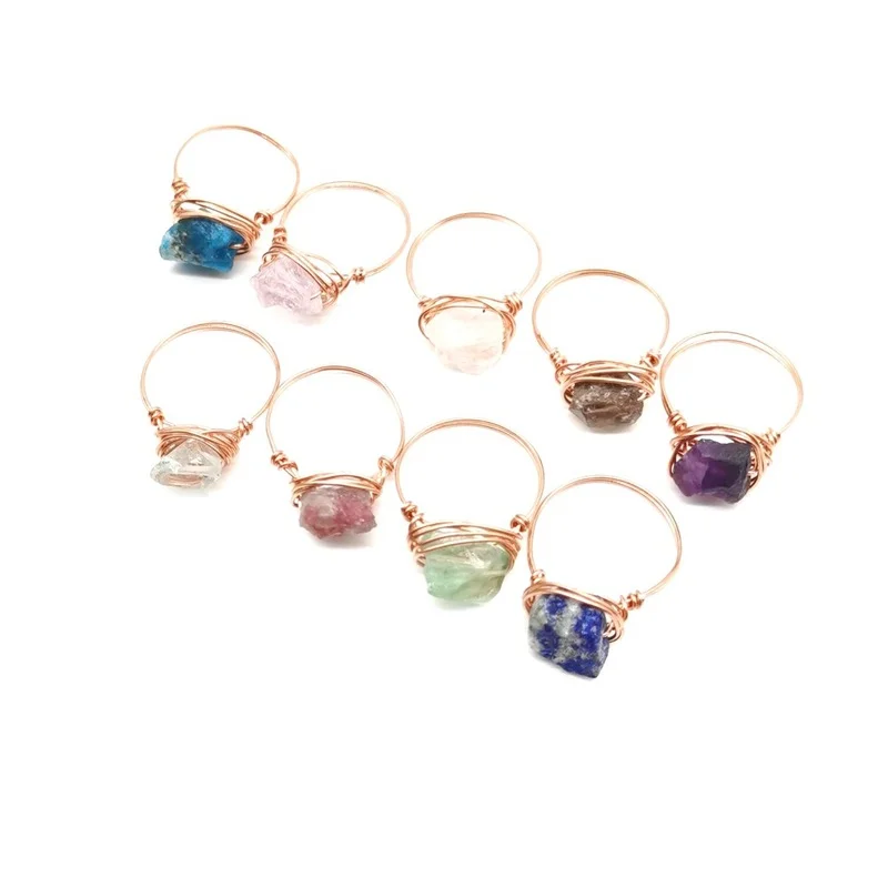 

20pcs Wire Wrap Natural Raw Stone Rings Lapis Lazuli Amethysts Pink Crystal Adjustable Ring for Women Jewelry