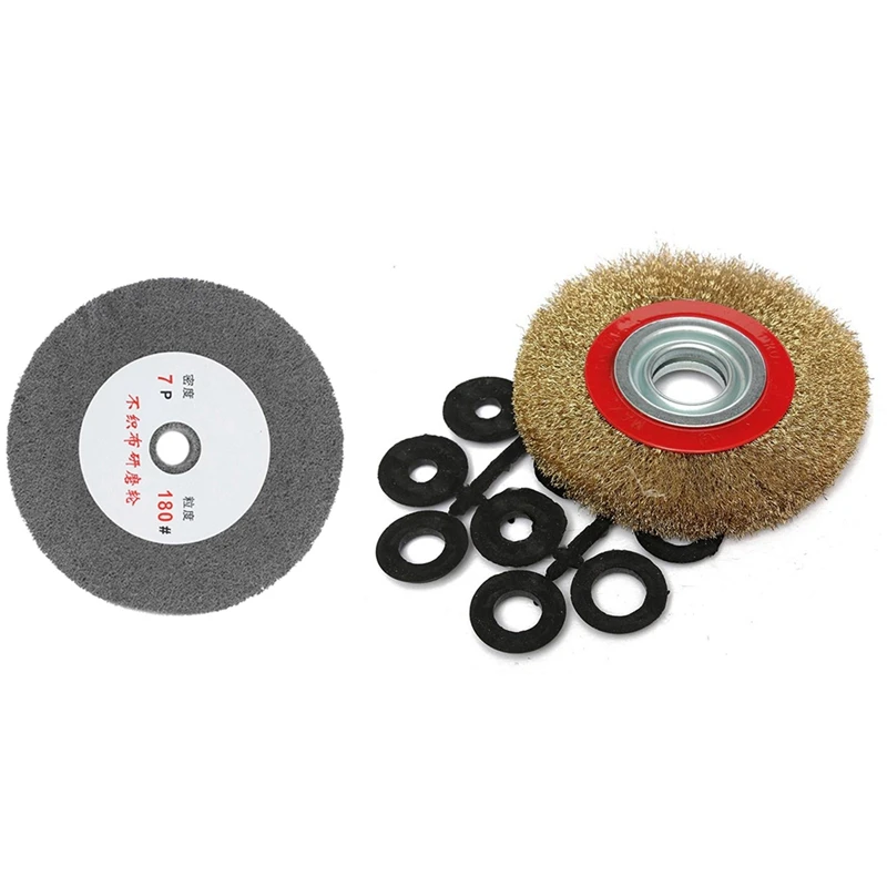 

Spot Goods 1 Pcs 180 Grit Fiber Wheel Polishing Buffing Disc & 1 Set 8 Inch 200Mm Steel Flat Wire Wheel Brush With Adaptor Rings
