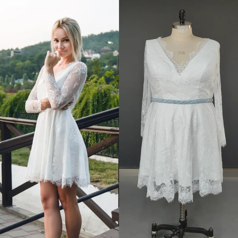 

15392 # реальные фотографии, простое кружевное короткое платье с длинными рукавами и аппликацией, свадебное платье с бисером и открытой спиной, свадебное платье, вечернее платье для выпускного вечера